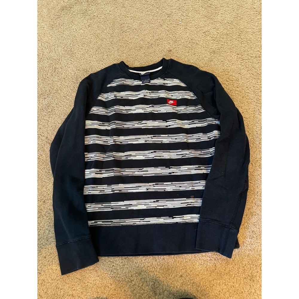 Nike Men Black Striped Crewneck Sweatshirt Red Logo Long Sleeve Sz M